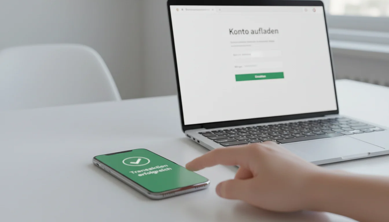 Person tippt auf Smartphone-Bildschirm mit geöffneter Bitcoin-Wallet neben einem Laptop