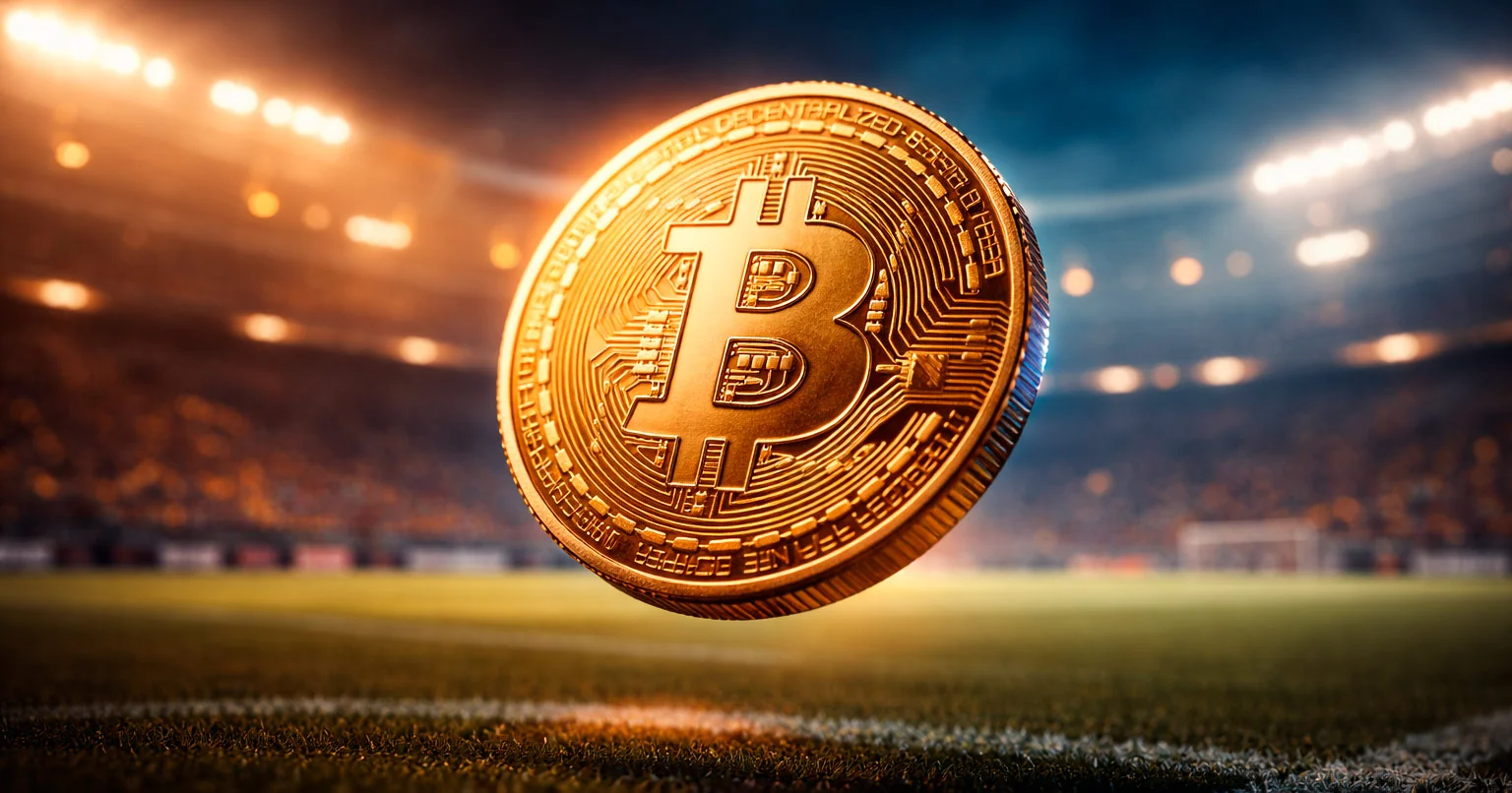 Bitcoin-Münze mit leuchtenden Netzwerkverbindungen vor einem Fußballstadion bei Nacht