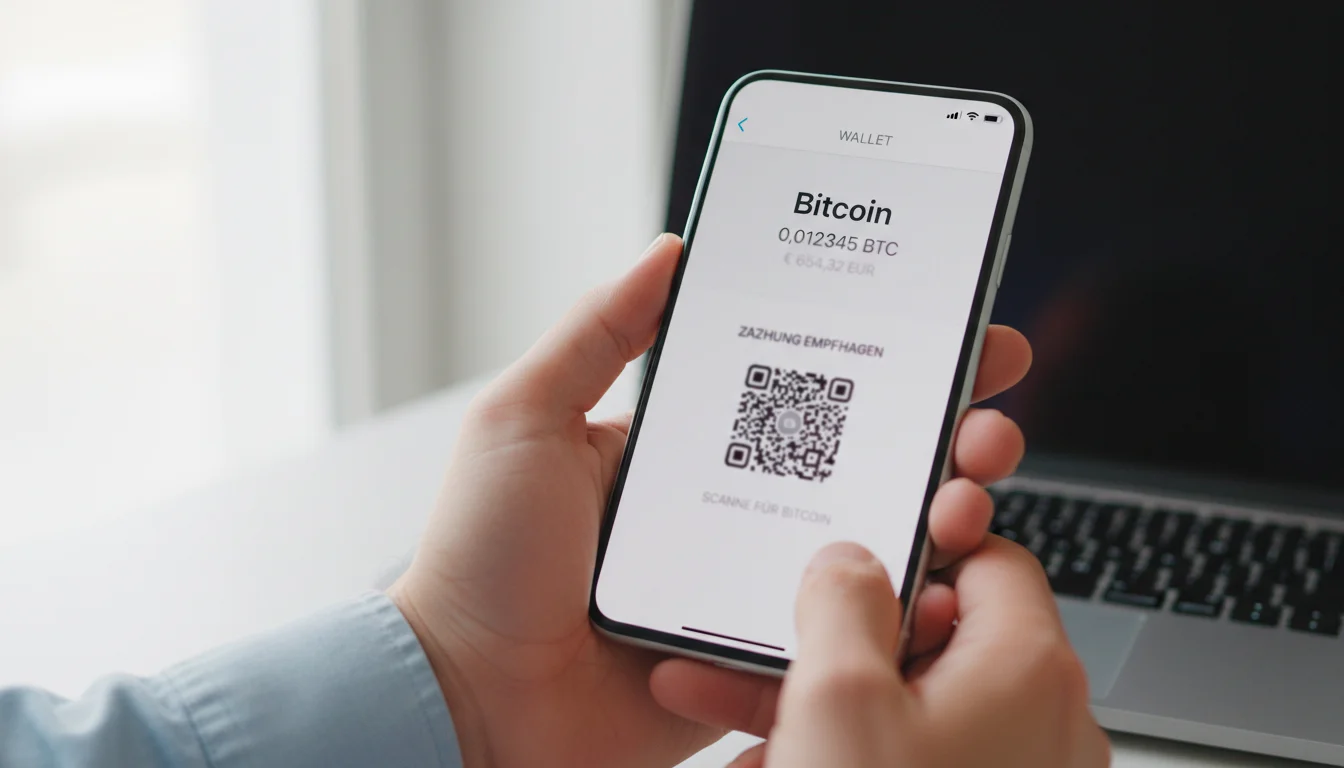 Smartphone zeigt eine Krypto-Wallet-App mit QR-Code für Bitcoin-Transaktion