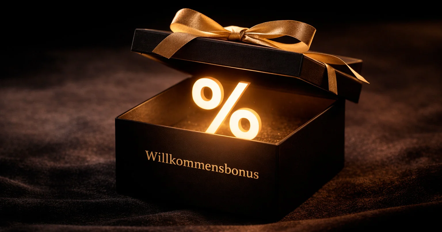 Willkommensbonus-Darstellung mit Prozentzeichen und Geschenkbox