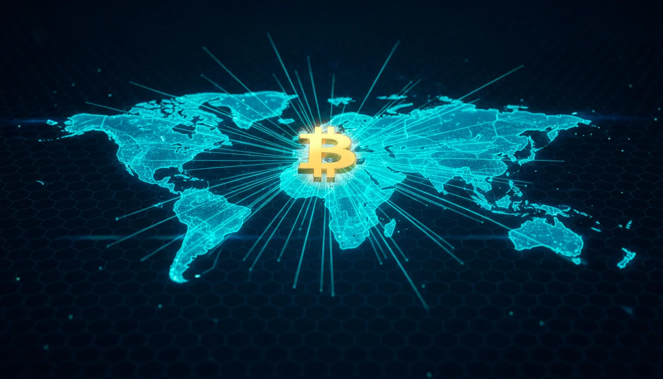 Digitale Darstellung einer schnellen Bitcoin-Transaktion mit Geschwindigkeitssymbol und Weltkarte