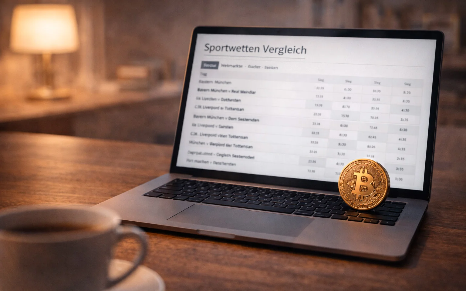 Laptop-Bildschirm mit mehreren geöffneten Sportwetten-Plattformen und Bitcoin-Symbol